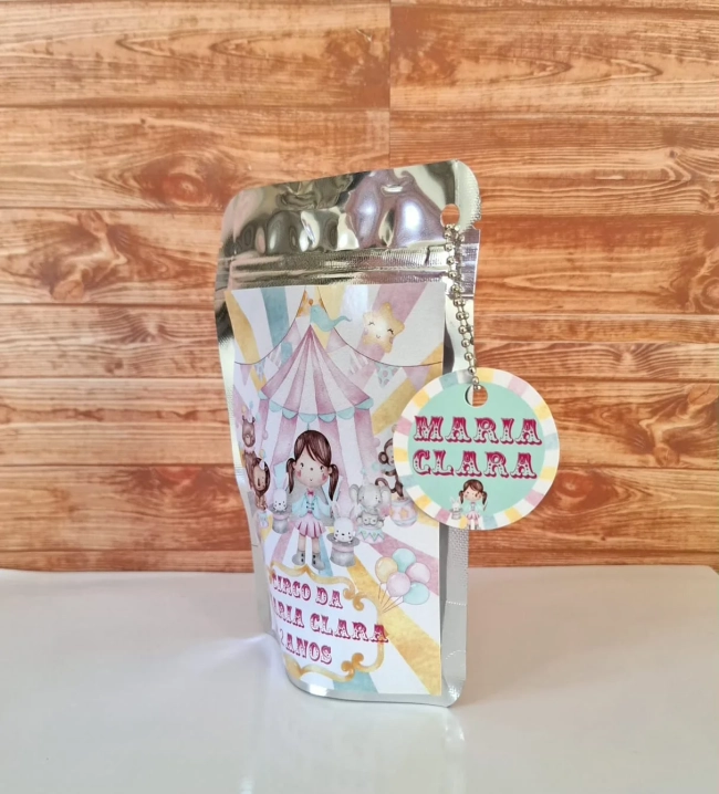 Saquinho Metalizado ziplock Circo Rosa lembrancinhas festa aniversario infantil Personalizado