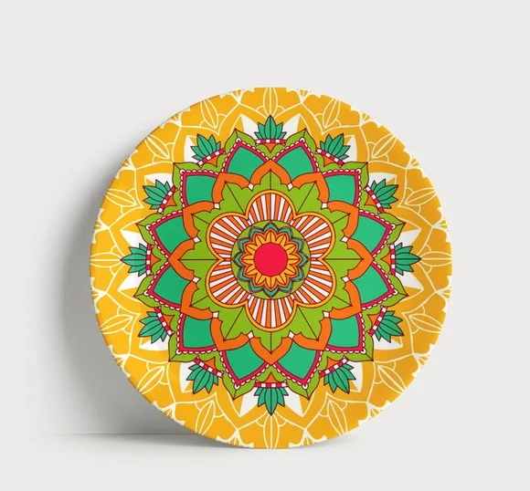 Prato Decorativo Mandala Solar Amarela e Verde 21cm Porcelan