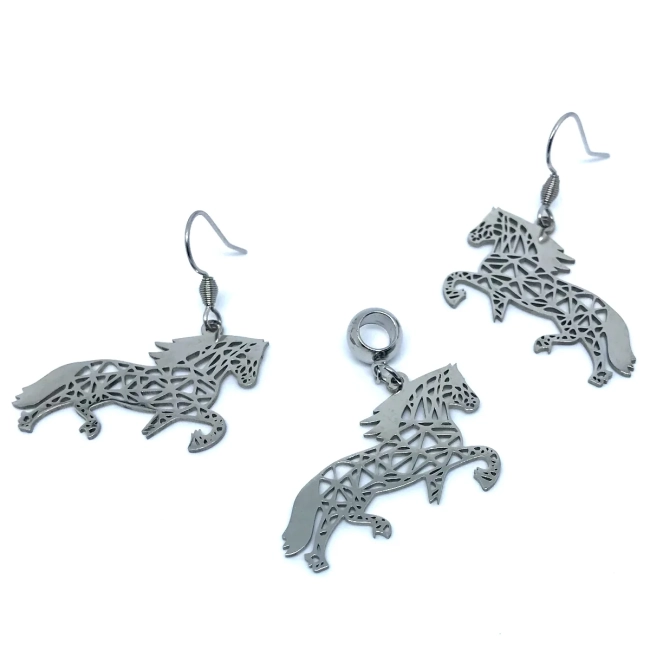 Conjunto Brincos E Pingente Country Cavalo Em Aço Inoxidável