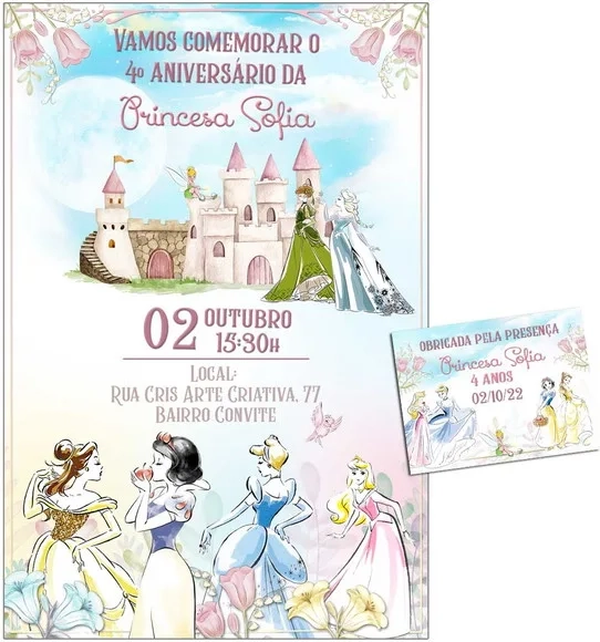 Convite Digital C/tag Princesas Disney Aquarela