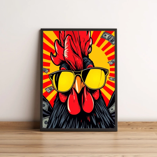 Quadro Galo Estiloso com Óculos e Fundo Colorido 2700