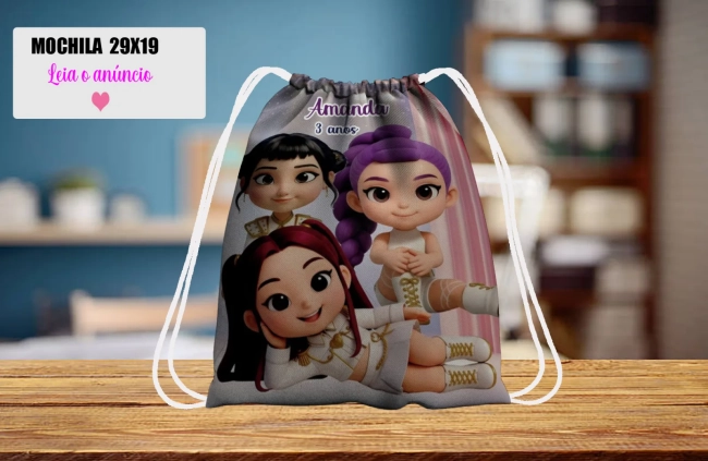 Mochilinha personalizada para lembrancinhas das Guerreiras K-Pop
