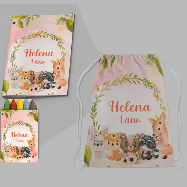 Kit Mochila e Revista de colorir para lembrancinha Bosque Encantado