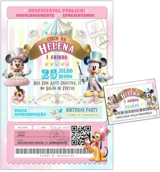 Convite Digital C/tag Circo Minnie Ingresso