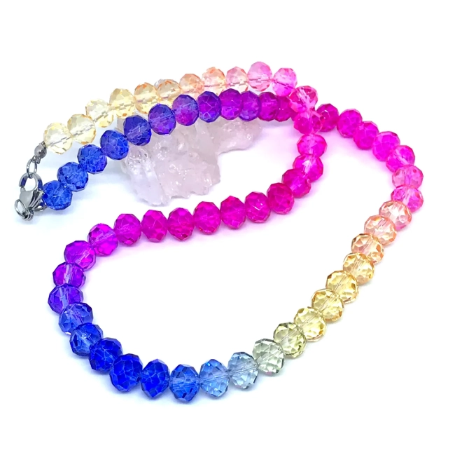 Conjunto Colar e Brincos Cristal Facetado  8 mm Tie Dye e Aço Inox