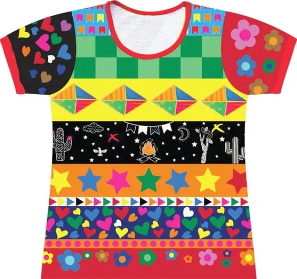 Camiseta Infantil Fantasia Junina Colorida Retalhos com Bandeirinhas e Balões
