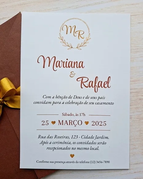 Convite de Casamento Marrom e Dourado