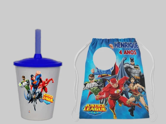 Kit Mochila e Copo Twister personalizado Super Herois Liga da Justiça