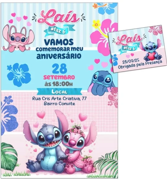 Convite Digital C/tag Stitch Disney Corações