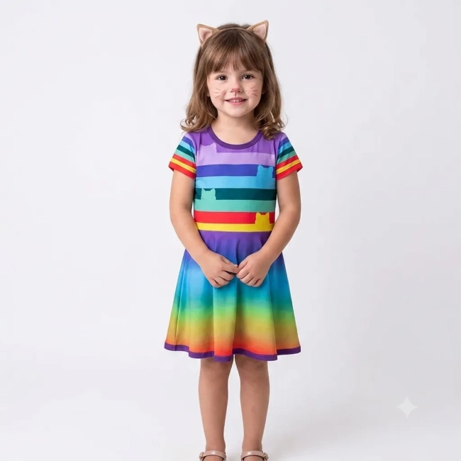 Vestido Infantil Colorido Arco-Íris e Gatinhos – Fantasia Temática para Meninas