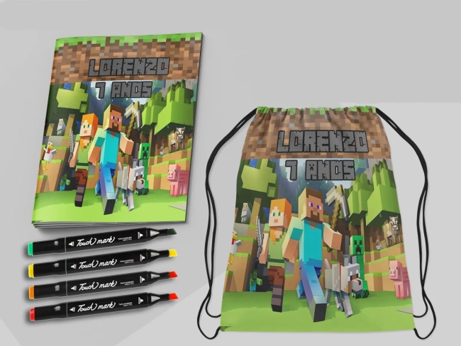 Kit Mochila e Revista de colorir com Canetinhas Minecraft