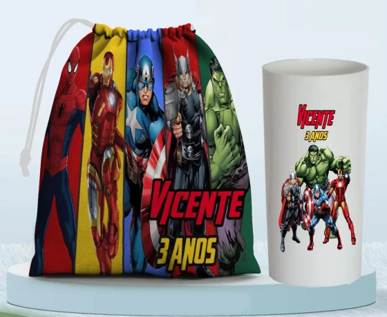 Kit Saquinho Surpresa e Copo Long Drink Personalizado dos Vingadores