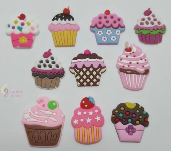 Apliques Cupcakes Variados de Borracha - Pct C/10 Unidades