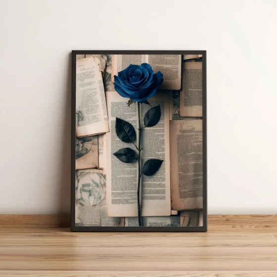 Quadro Rosa Azul Sobre Páginas de Livros Antigos 2708