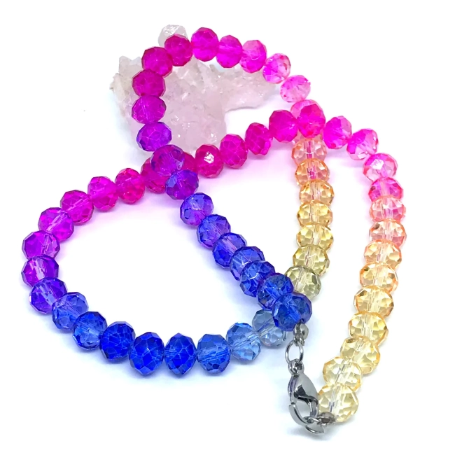 Conjunto Colar e Brincos Cristal Facetado  8 mm Tie Dye e Aço Inox