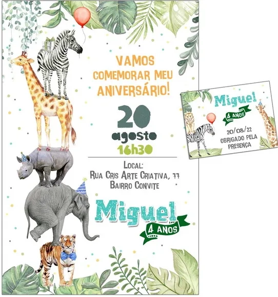Convite Digital C/tag Animais Safari Aquarela