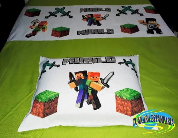 Kit Cortina + Lençol + Fronha Tema Minecraft