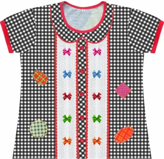 Camiseta Infantil Fantasia Festa Junina Caipira Xadrez com Lacinhos e Remendos