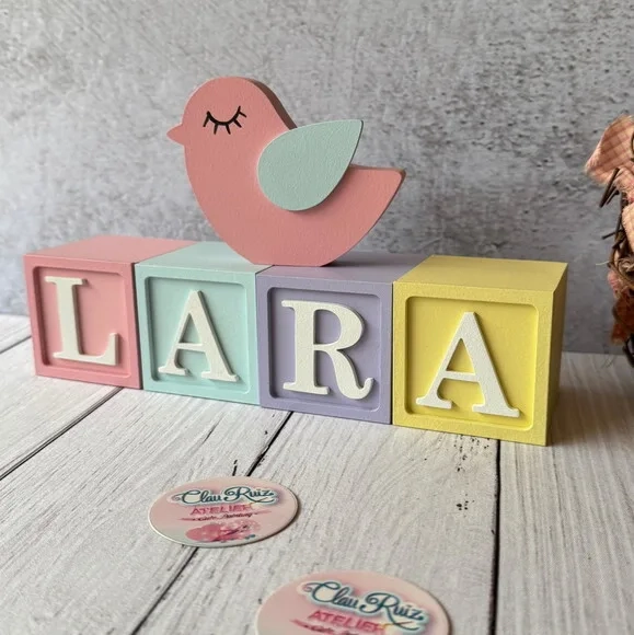 Passarinho + Cubos 6x6cm Ts - Pastel Decoração Bebê