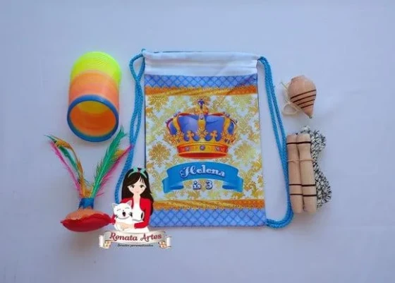 Mochila Boa Infância Tema Coroa Realeza Azul