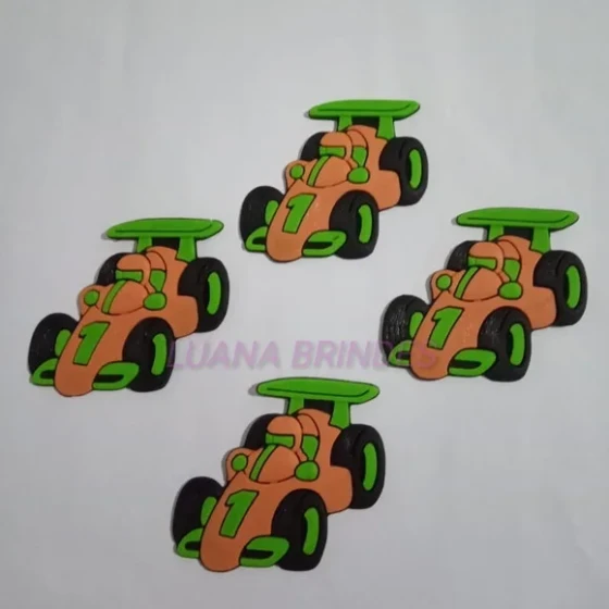 Aplique Carro de Corrida Laranja de Borracha - Pct C/6 Unid