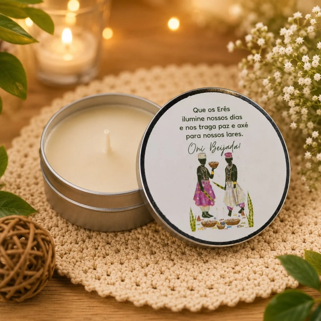 60 unidades de Vela Aromática na latinha Personalizada, Preto velho - Ibejada - Orixás e Entidades, fazemos qualquer tema.