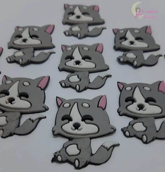 Aplique Gatinha Cinza de Borracha - Pct C/7 Unidades