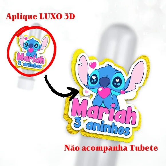 Aplique 3d Aniversário Stitch e Angel com Lamicote Brilhante