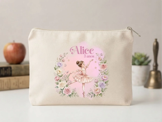 Lembrancinha Nécessaire Personalizada Algodão Cru 20x15 Estampa DTF Bailarina