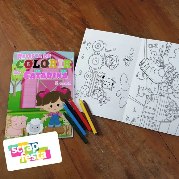 Revista Colorir + Giz de Cera Festa Fazendinha Menina Rosa