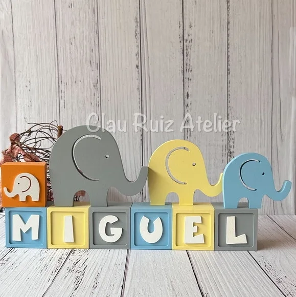 Trio de Elefantes + Cubos 6x6cm Ts Decoração Bebê