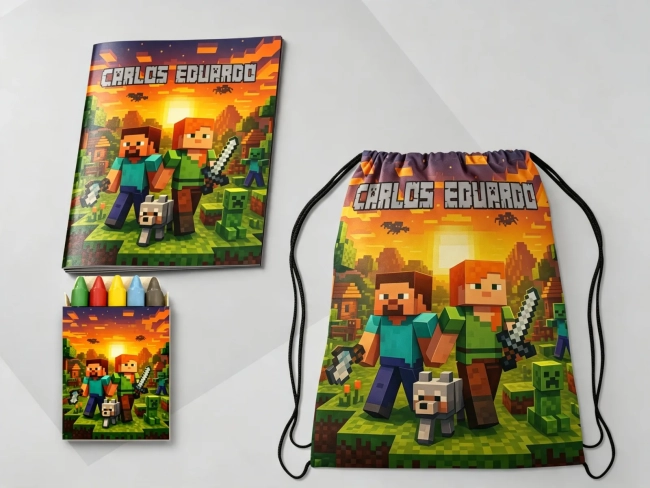 Kit Mochila e Revista de colorir para lembrancinha do Minecraft