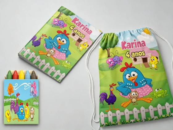 Kit Mochila e Revista de colorir para lembrancinha da Galinha Pintadinha
