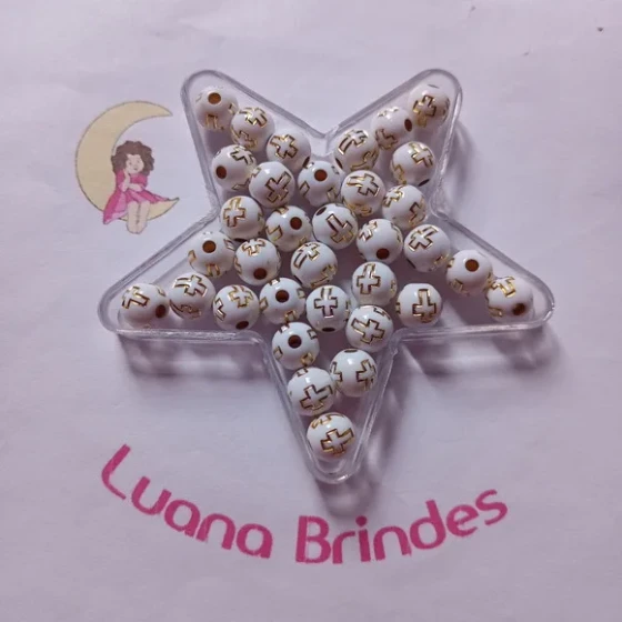 Bolinha Branca com Cruz Dourada 8mm Pct 100 Unidades