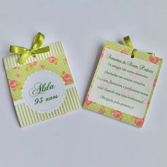 Lembrancinha 80 Anos Sachê Sementinha Floral Verde e rosa