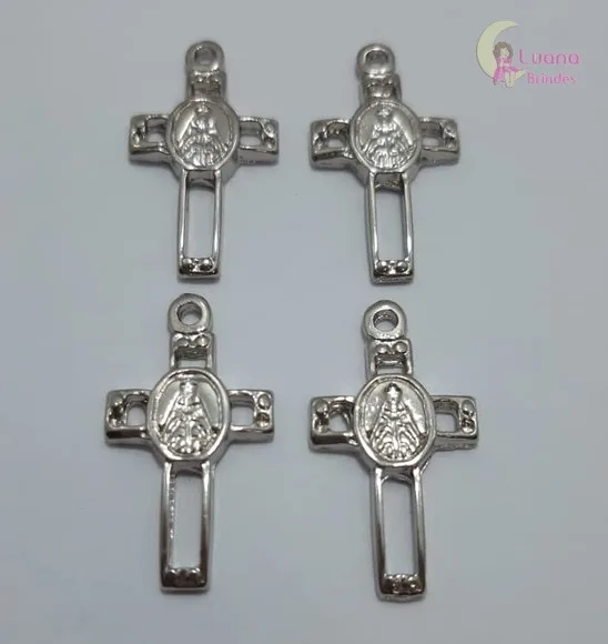 Pingente Cruz c/ N.S Aparecida Metal Prata - pct c/10 uni