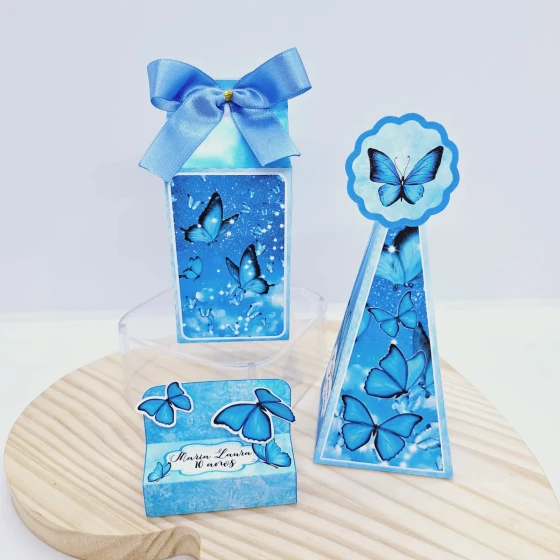 PEGUE E MONTE - Kit Festa BORBOLETA AZUL - Decoração de Festa - Caixinhas Personalizadas
