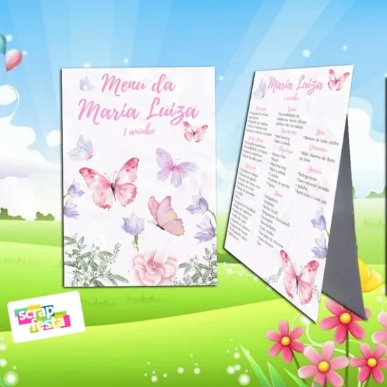 Menu Cardápio Cavalete Jardim Encantado Aquarela Borboletas