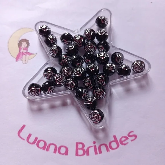 Bolinha Preta com Flor Prata 8mm Pct 100 Unidades