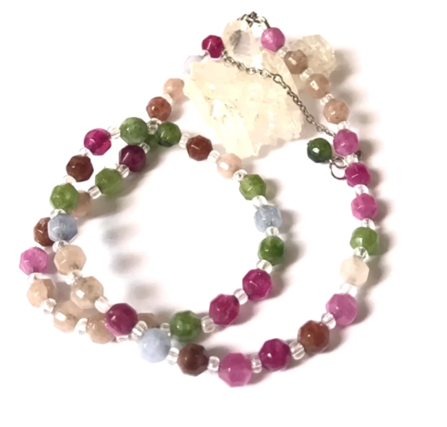 Choker Colar Jade Multicolor facetada com Inox e Cristais
