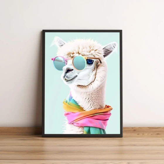Quadro com lhama estilosa de óculos e cachecol 2557