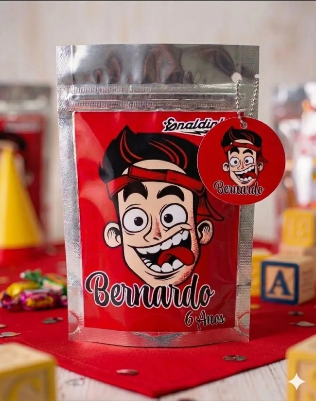 Saquinho Metalizado ziplock Enaldinho lembrancinhas festa aniversario infantil Personalizado