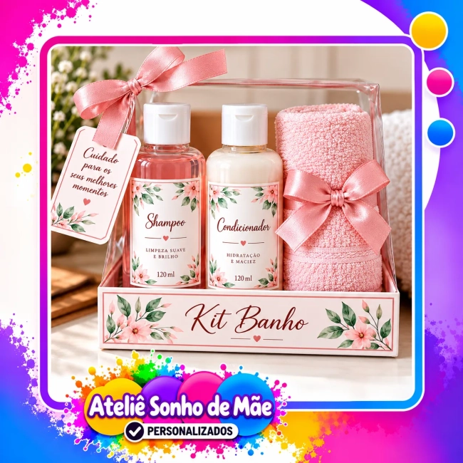 Kit Banho Personalizado com Shampoo, Condicionador e Toalhinha – Presente Delicado