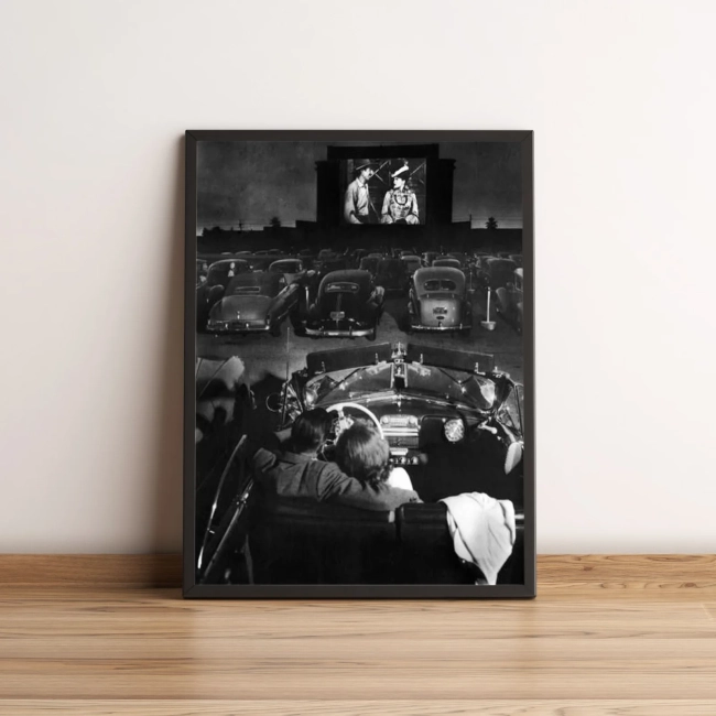 Quadro com Cinema Drive-in Vintage em Preto e Branco 27