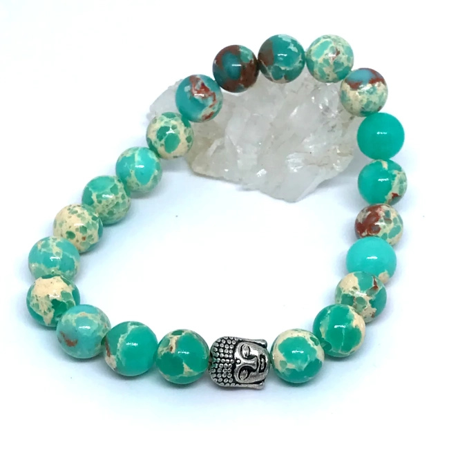 Pulseira em Pedras Jaspe Imperial Verde Agua com entremeio Buda prateado