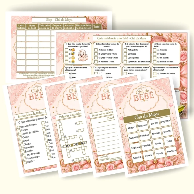 Kit 4 Brincadeiras Chá de Brincadeiras para Imprimir PDF Personalizado