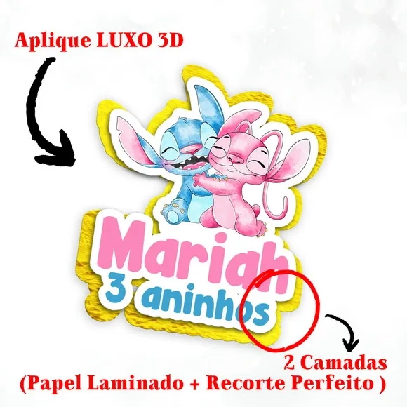 Aplique para Tubete Festa Aniversário Stitch Angel Efeito 3d
