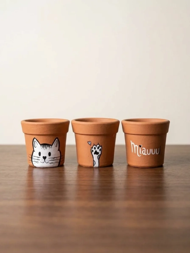 Kit 3 Mini Vasos Cachepô de Barro Gatinho Miau Preto e Branco 7cm