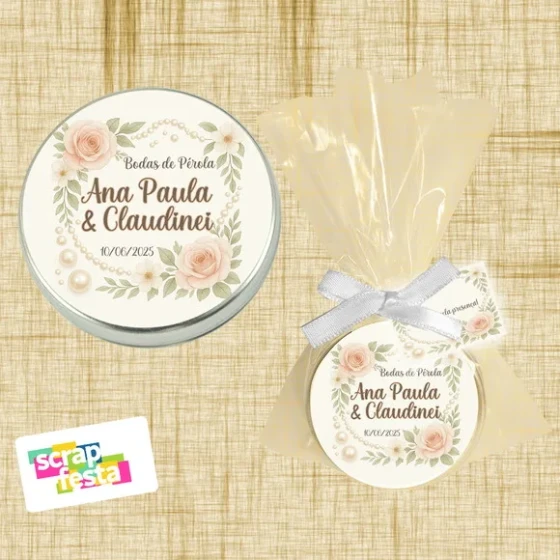 Latinha,saquinho,fitinha e Tag Personalizada Bodas de Pérola