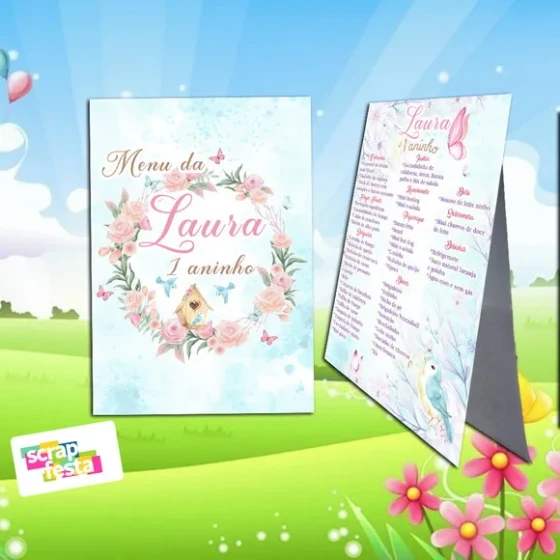 Menu Cardápio Cavalete Festa Jardim Encantado Aquarela